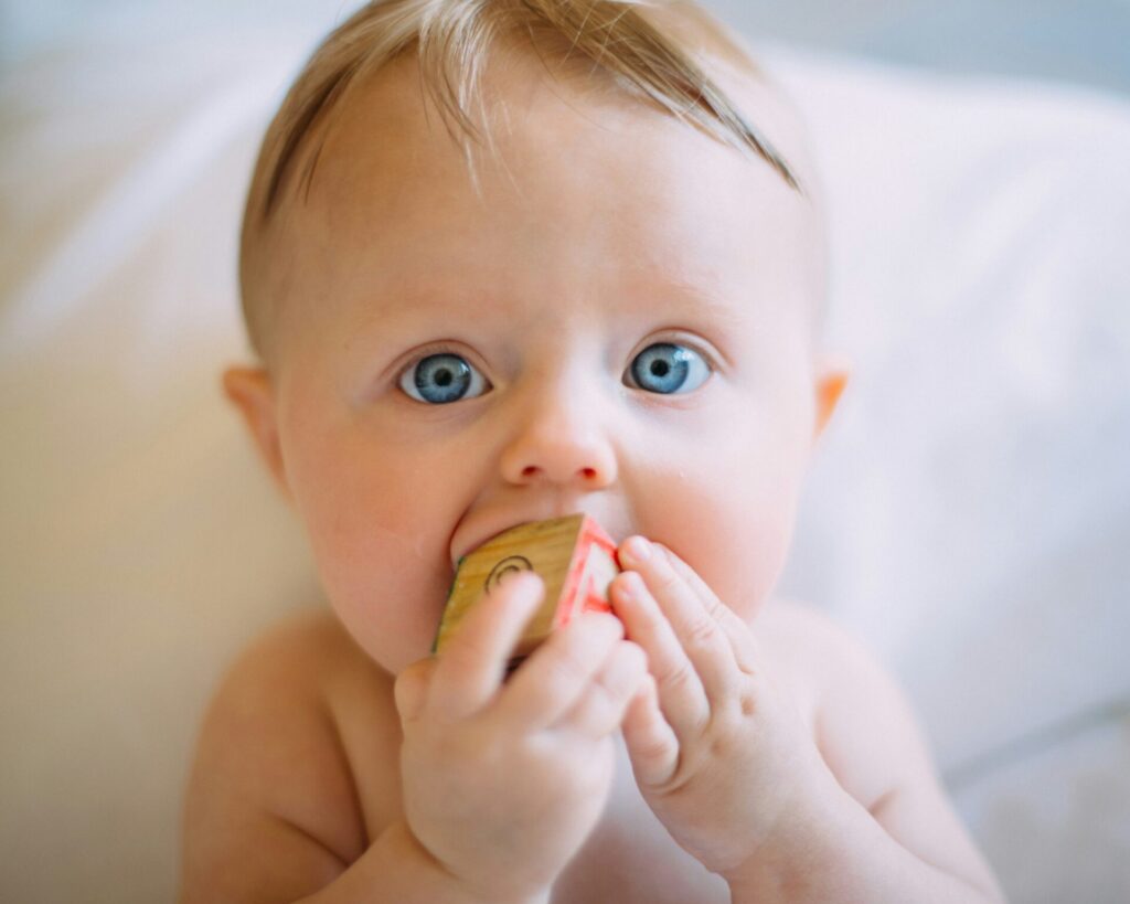 Baby putting a toy block is its mouth